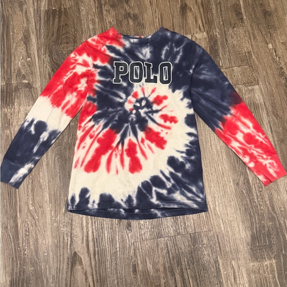 Polo Ralph Lauren Boy’s Sweater Tie-Dye Red White Blue Multi L/S Crew Size 8